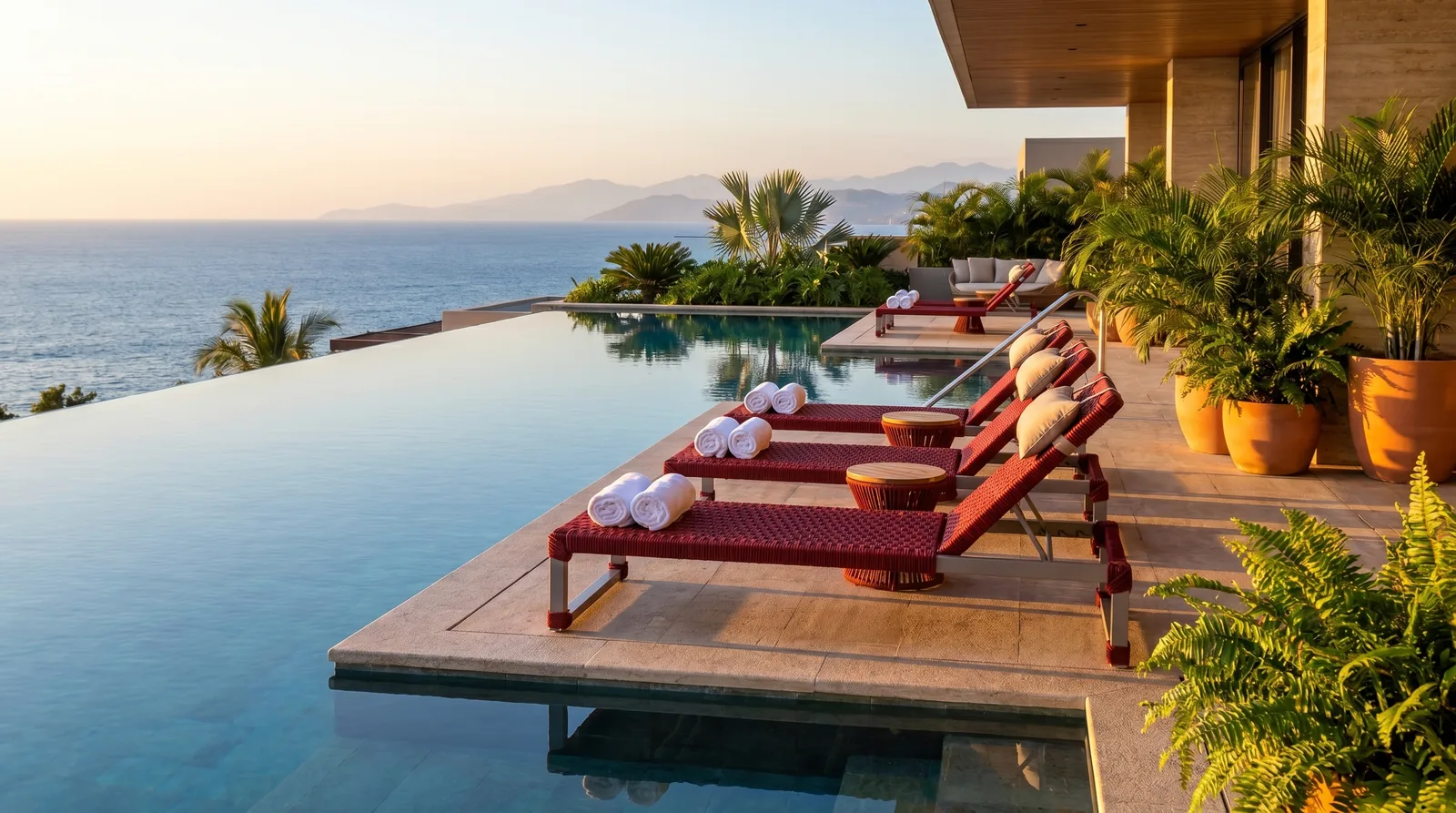 Espreguiçadeiras Tramas Home Garden à beira da piscina no fim de tarde