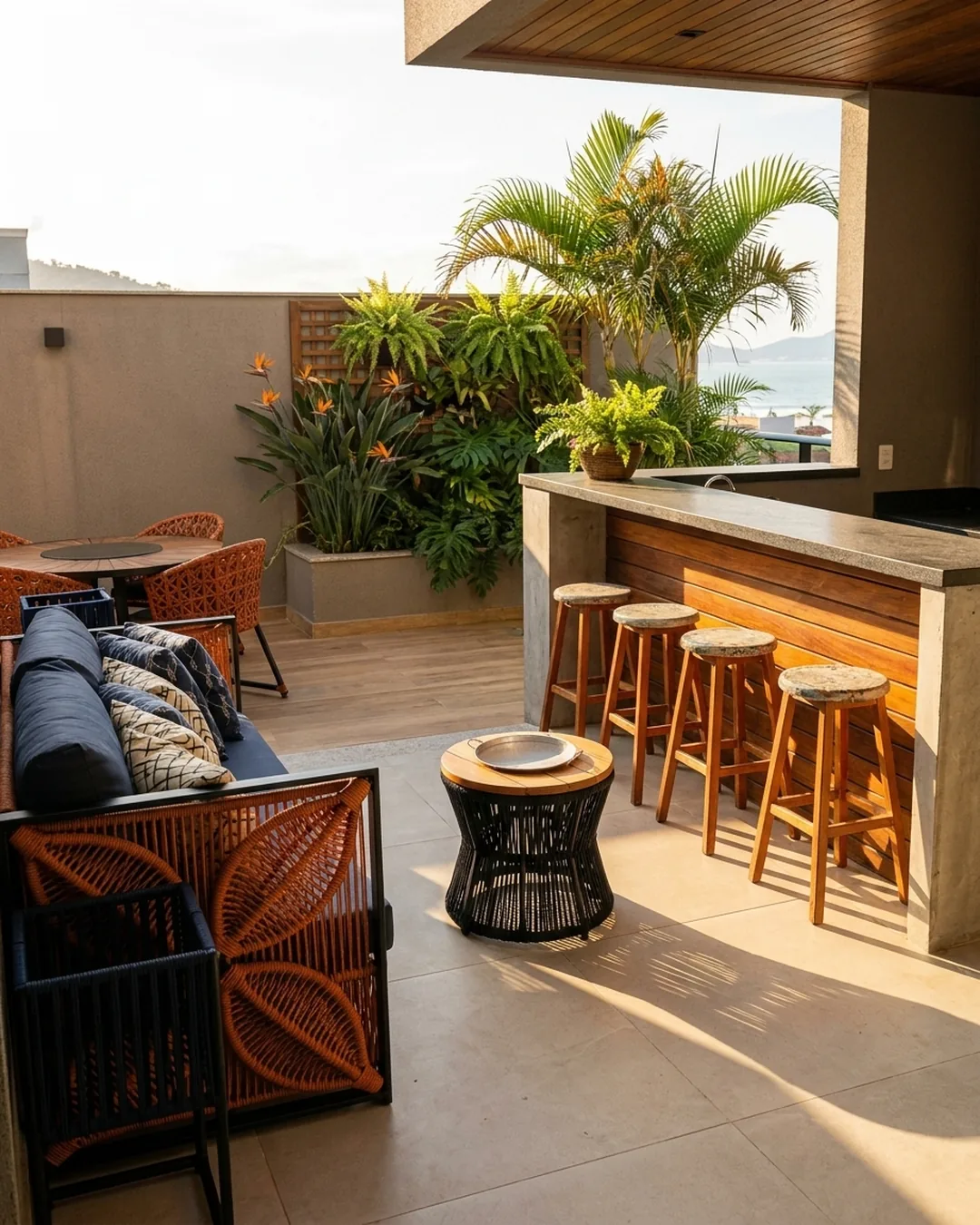 Lounge com sofá e bancada de bar em corda náutica