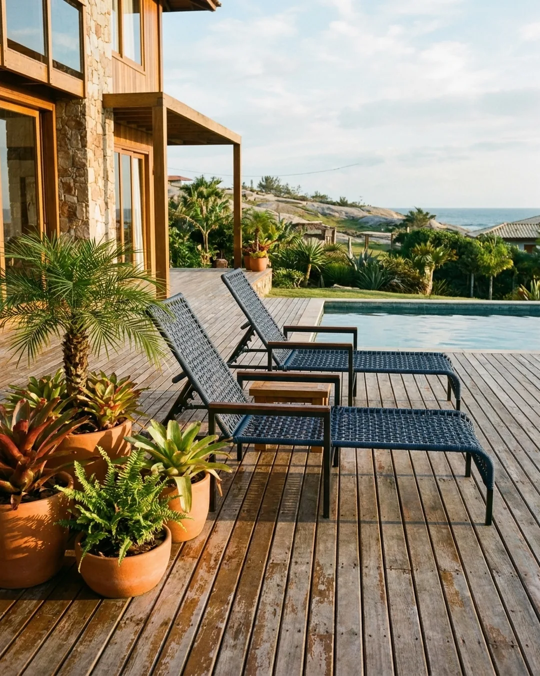 Espreguiçadeiras Tramas Home Garden no deck à beira da piscina