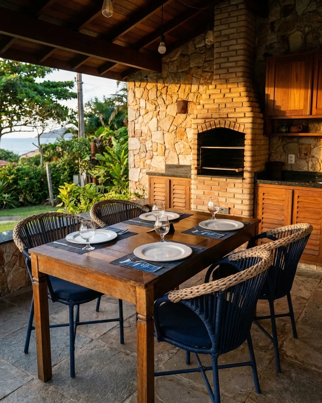 Mesa de jantar em corda náutica posta no deck de madeira