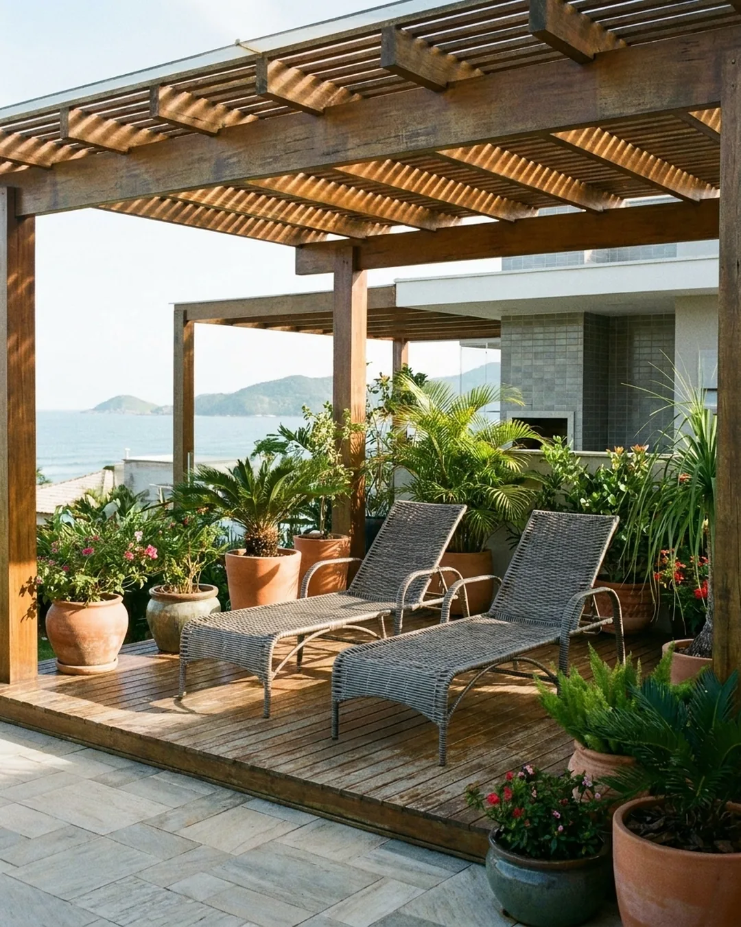 Espreguiçadeiras em corda náutica sob pérgola de madeira