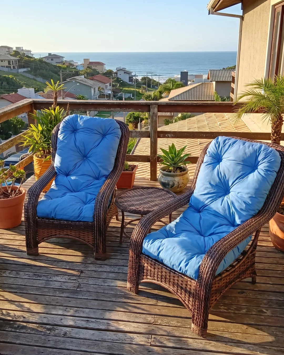 Poltronas de descanso em corda náutica com almofadas azuis