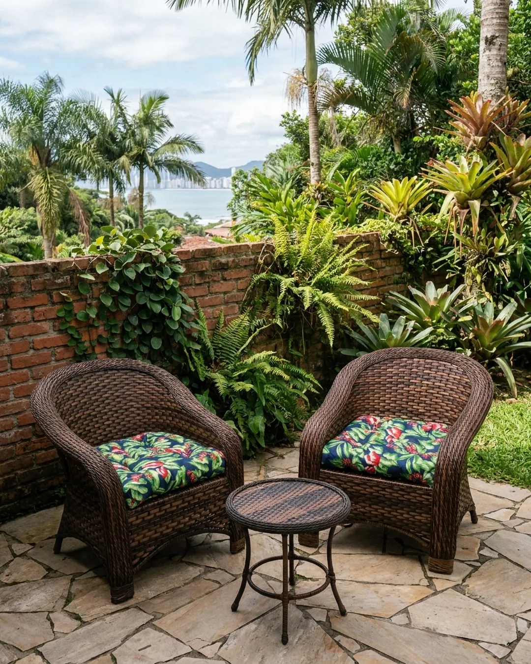 Poltronas em corda náutica com almofadas estampadas no jardim